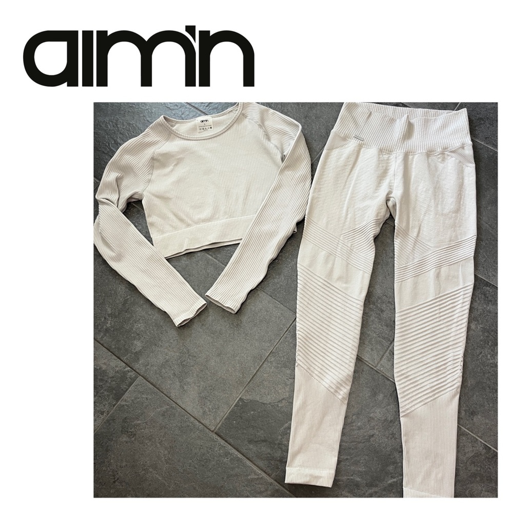 Aimn 💗 2 piece Statement light gray textured leggings & ribbed knit long sleeve